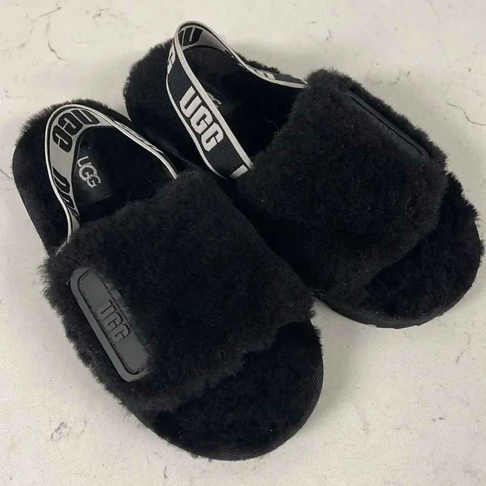 UGG Disco Slide Kids Black Fluffy Sandals - Slippers Size 13